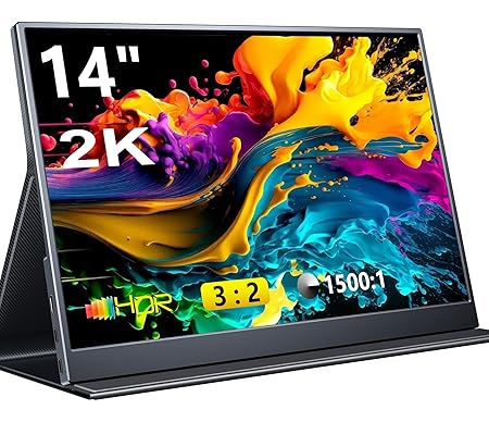 Portable 14" 2K Laptop Monitor | Dual USB-C &amp; HDMI | Travel Gaming Display with Speakers