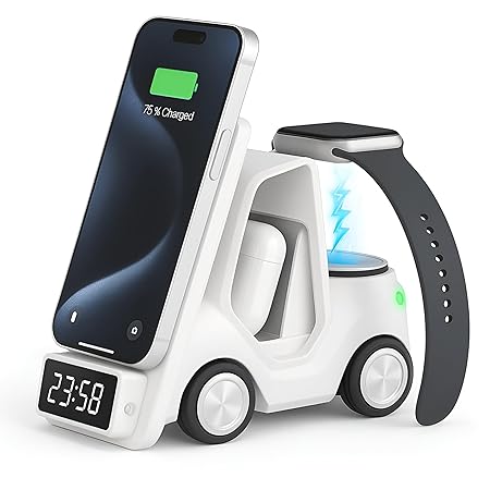 5-in-1 Wireless Charger with Alarm Clock &amp; LED Light | Car Shape Design