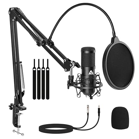 3.5mm Professional Condenser Microphone Kit | Boom Arm, 2M Cable &amp; Foam Filter | Black