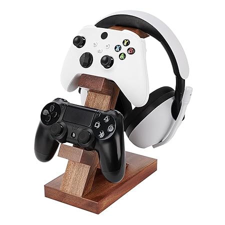 Wood Dual Gamepad Controller and Headphone Stand | Includes 2 Gamepads (Black & White) and White Headphone