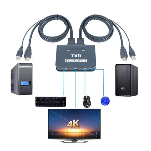 2-Port KVM HDMI Switcher with Cable – Control Two PCs with One Keyboard & Monitor